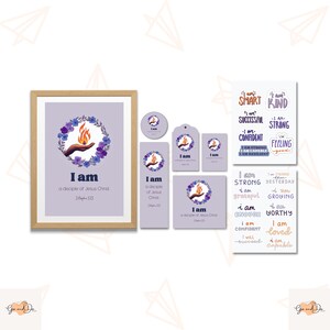 May include: A set of printable affirmation cards with a purple and orange color scheme. The cards feature a flame and floral design and include phrases like "I am strong", "I am worthy", and "I am loved".