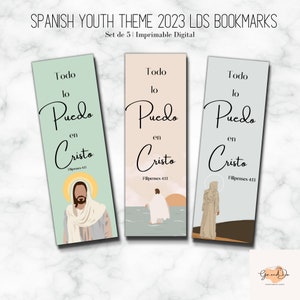 Może przedstawiać: Zestaw trzech drukowanych zakładek z jasnoniebieskim, brzoskwiniowym i szarym tłem. Każda zakładka zawiera stylizowaną ilustrację Jezusa Chrystusa z tekstem "Todo lo Puedo en Cristo" i odniesieniem do Pisma Świętego "Filipian 4:13".