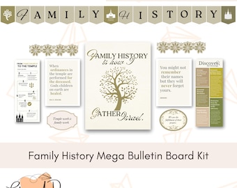 May include: A digital download kit with the words "Family History" in a banner. The kit includes various cards and graphics with text such as "Gather Israel" and "Family History is how". The kit is designed for family history research.