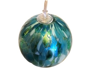 Hand Blown Iridescent Blue Turquoise Confetti Art Glass Oil Lamp w/ Wick 3" Tall