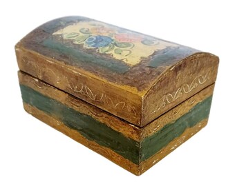 Florentia Floral Bouquet Gold Gilt Green Handmade Wood Trinket Box Italy 3.75"