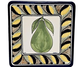 MCM Signed Hand Crafted In Mexico Pear Tile Trivet or Wall Hanging Heavy 8&quot; x 8&quot;
