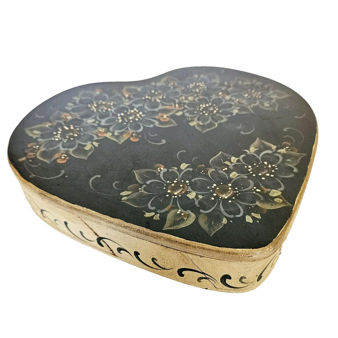 Vintage Heart Shaped Wooden Keepsake Box Rosemailing Folk Art Floral ...