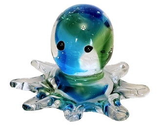 Art Glass Octopus Figurine Paperweight Handmade Turquoise Blue Green 2” X 3”