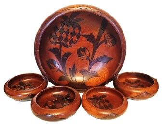 Vintage Hand Carved Salad Set Teak Two Tone 12&quot; Big Bowl 4 sm Bowls Beautiful!