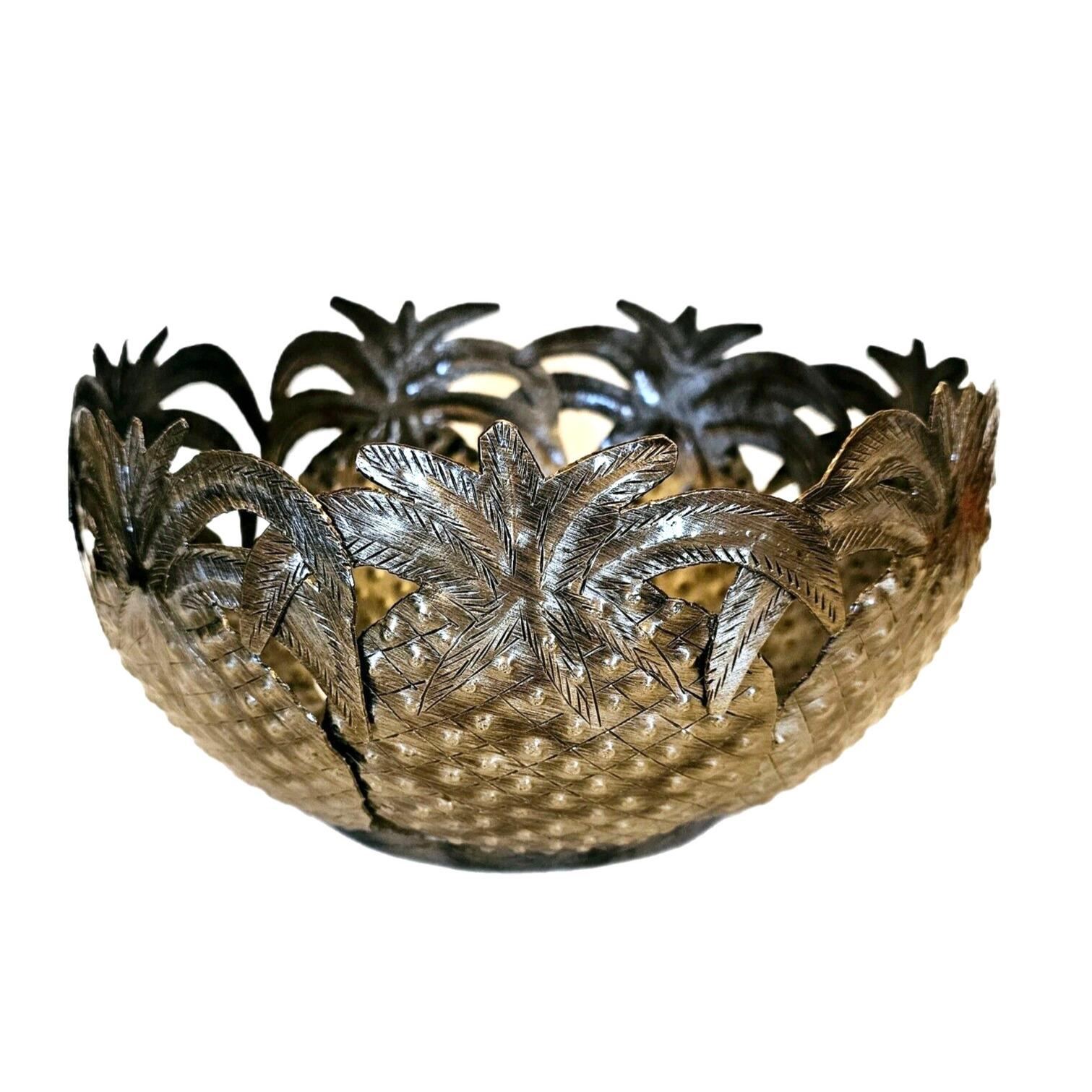 Handmade Metal Bowl Decorative Pineapple Cutouts Hammered Artisan Made Haiti Lg.