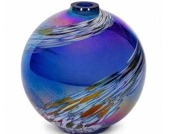 Vintage Hand Blown Iridescent Glass Oil Lamp Sapphire Cobalt Blue & Purple Swirl