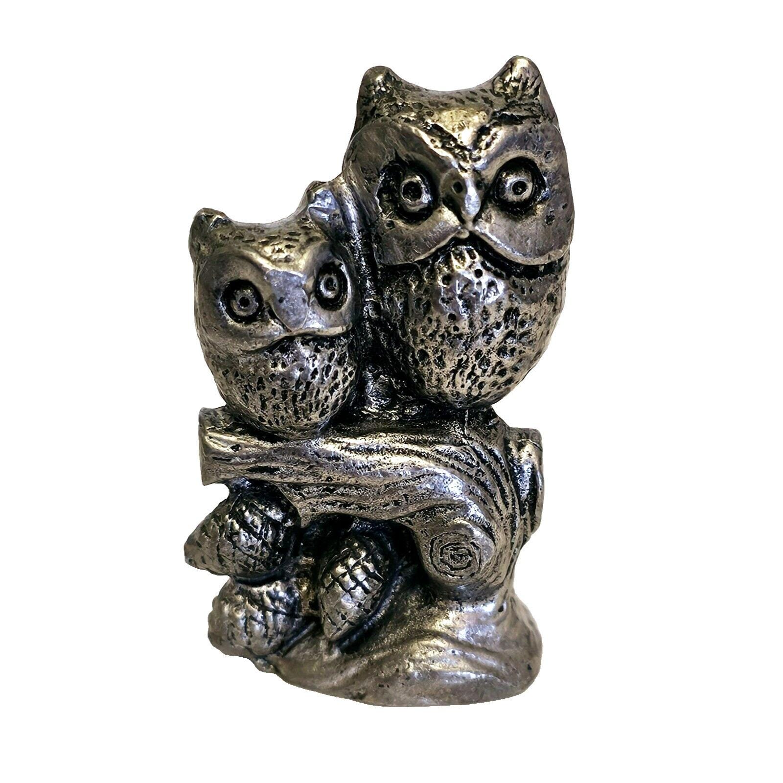 Vintage 1975 Pewter Owls on branch Miniature Figurine Handcrafted Signed R-B INC