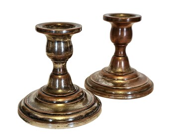 Pair EPC Silver Electroplated Copper Candlesticks, Patina Finish, 4.5"