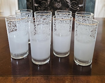 8 Vintage MCM Libbey Frosted White Filigree Drinking Glasses w Gold Rims 5.5"