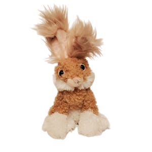 May include: A plush toy bunny with brown fur and long, fluffy ears. The bunny has a white muzzle, chest, and paws, and black eyes. The toy is designed to sit upright, with its paws extended.