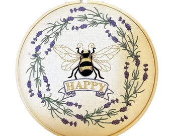 Embroidered Honey Bee Wall Hanging: Handmade Lavender Hoop Art