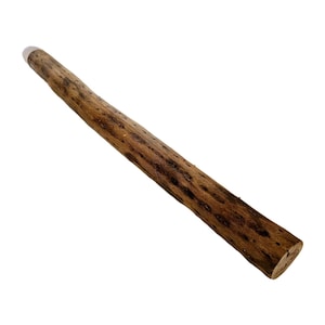 May include: A wooden wand with a light-colored tip. The wand is a dark brown color with darker brown and black spots. The wand is made of wood and has a natural, rustic appearance.