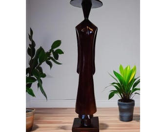 Dark Wood Sculpture Figure Wooden Handmade Woman w Cone Hat Viet Nam 15.5"