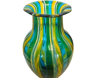 Vintage Murano Art Glass Vase Green Blue Yellow Stripes Signed Ballarin 10" Tall
