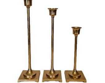 3 Vintage Brass Candle Holders Slender Graduated Heights 6" 8" 9" square bases
