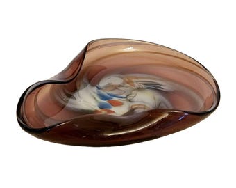 VINTAGE Art Glass Bowl MCM PURPLE Multicolor Swirl Collectors piece 8"