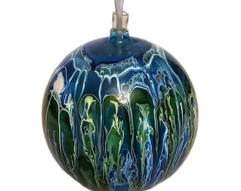 Vintage Hand Blown Art Glass Oil Lamp – Cobalt Blue Green Flame Glow Sphere