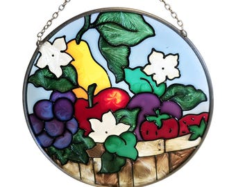 Joan Baker Designs Painted Glass Sun Catcher Round Art 'Fruit Basket' 4.5"
