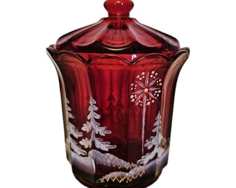 Fenton Star Bright Red Glass Christmas Candy Dish Lid Hand Painted Artist Signed on the bottom