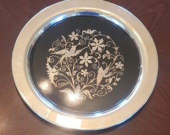 Vtg Oneida Silver Plate Black Bakelite Inlay Bird Floral Platter Plate Tray 10''