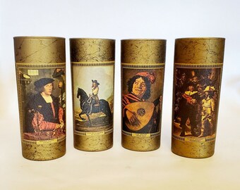 Vintage Jim Beam Set 4 Highball Whiskey Bar Glasses Gold "Four Old Masters" 6"