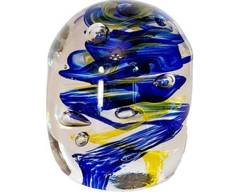 Hand Blown Art Glass Paperweight Cobalt Blue Yellow Swirl Bubbles Heavy 3.5"