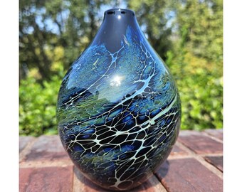 Signed Burel Hand blown Art Glass Vase Teardrop Deep Blue Green Webbed Design 7" tall 2004