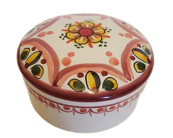 Vintage Hand Painted Spanish Ceramic Trinket Box Round w/ Lid Numbered 4.5&quot; dia.