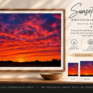 May include: A digital download photography print titled Sunset Sky featuring a vibrant red and orange sunset over a dark silhouette of trees. The text includes Sunset Sky Photography Print Digital Download and includes 3 sizes 5x7, 8x10, and 11x14.