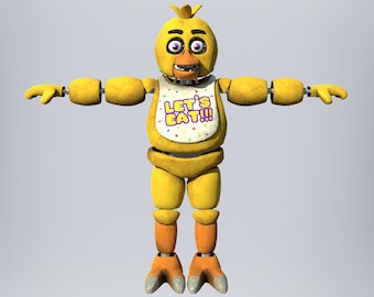 May include: A yellow animatronic chicken with a bib that says "Let's Eat!!" The chicken has large, black eyes and a wide, toothy grin. The chicken is standing with its arms outstretched.