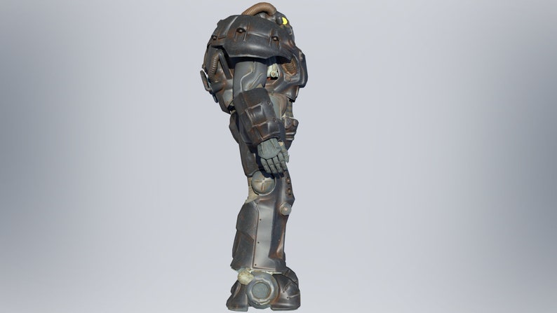 May include: A black and gray power armor suit with a yellow visor. The suit has a weathered and worn look.