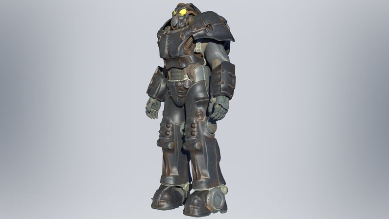 May include: A black and silver power armor suit with a yellow visor. The suit has a weathered, worn look.