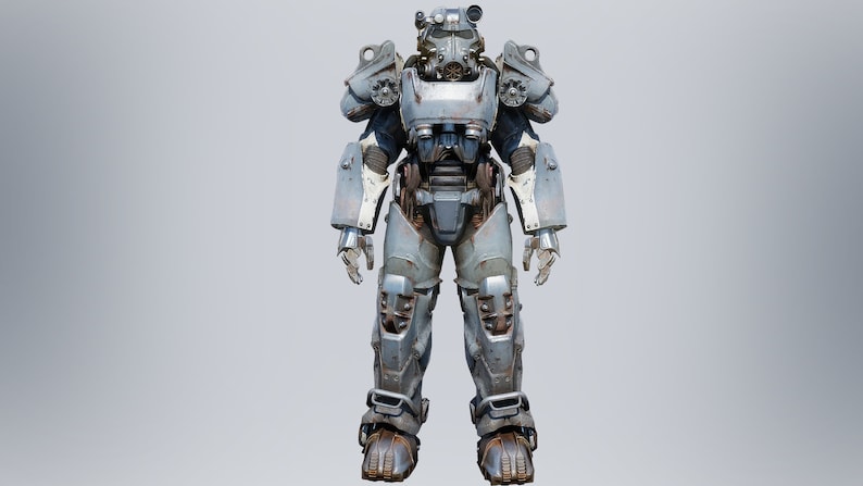 May include: A grey and silver power armour suit with a helmet and a weapon. The suit has a weathered and worn look.