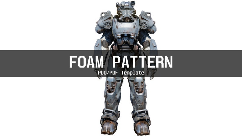 K&ouml;nnte beinhalten: Eine Schaumstoff-Schablonenvorlage f&uuml;r ein Power-Armor-Kost&uuml;m. Die Vorlage ist f&uuml;r eine PDF- oder PDO-Datei. Das Bild zeigt einen grauen und blauen Power-Armor-Anzug.