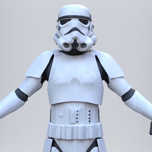 May include: A white stormtrooper action figure with a black visor and a detailed white and black costume.