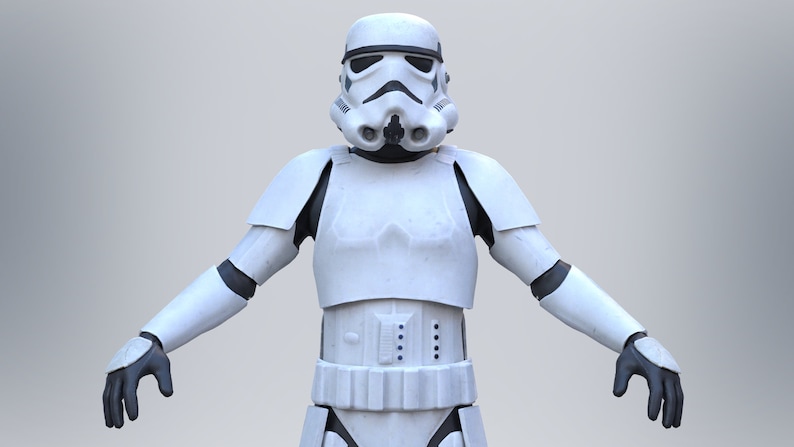 May include: A white stormtrooper action figure with a black visor and a detailed white and black costume.