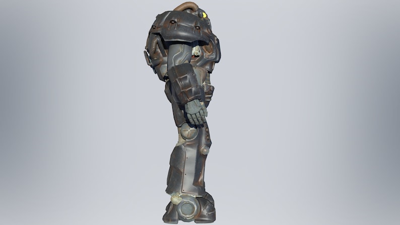 May include: A black and gray power armor suit with a yellow visor. The suit has a weathered, worn look.