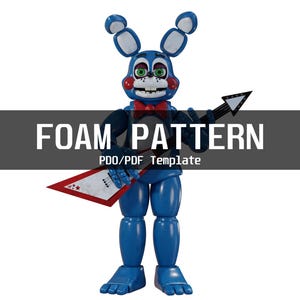 May include: A blue and white cartoon character with a red bow tie and a guitar. The character has large ears and is holding a guitar with a red and white body and a black neck. The text "FOAM PATTERN" is displayed.