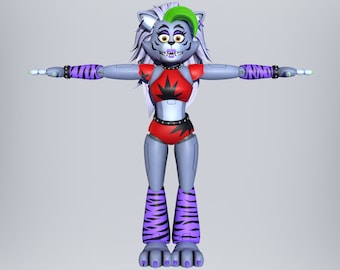 May include: A grey, robotic, female character with a green mohawk, wearing a red and black outfit with purple and black striped leggings. The character has a tiger stripe pattern on the leggings and arms.