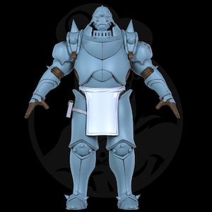 May include: A light blue suit of armor featuring a helmet with a visor, pointed shoulder pauldrons, and a white cloth apron tied at the waist. The armor has brown straps at the joints and a small metallic tool attached to the right hip area.