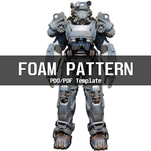 K&ouml;nnte beinhalten: Eine Schaumstoff-Schablone f&uuml;r ein Power-Armor-Kost&uuml;m. Die Vorlage ist f&uuml;r eine PDF- oder PDO-Datei. Das Bild zeigt einen grauen und blauen Power-Armor-Anzug.