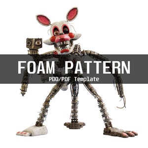 May include: A digital character model of a multi-limbed, robotic fox with white and pink fur, exposed metallic endoskeleton parts, and a wide grin. The text FOAM PATTERN PDO/PDF Template is overlaid across the centre of the image.