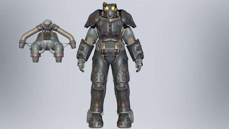 May include: A black and gray power armor suit with a jetpack attached to the back. The armor has a helmet with a yellow visor and a glowing light inside.