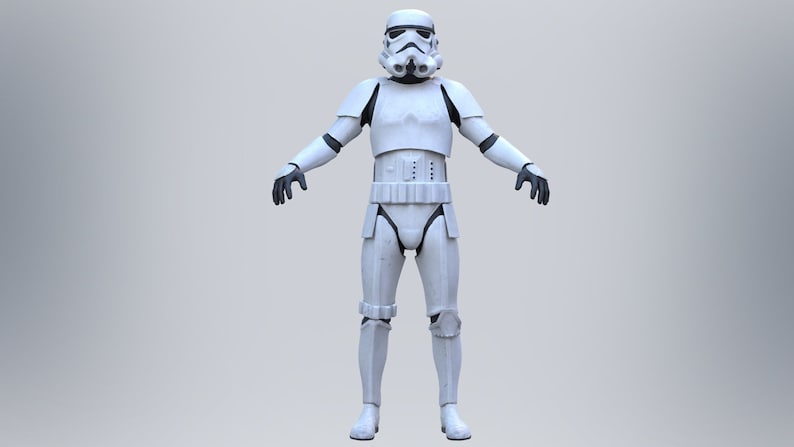 May include: A white stormtrooper action figure with a black helmet and black details on the armour. The figure is standing with its arms outstretched.