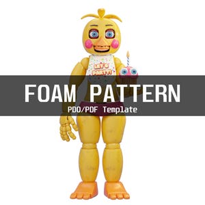 May include: A yellow, articulated toy figure of a character with a beak, wearing a bib that says "Let's Party". The figure holds a cupcake with a lit candle. The image has the text "FOAM PATTERN" and "PDO/PDF Template".