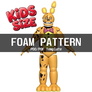 Könnte beinhalten: Eine gelbe Hasen-Charakterfigur mit einer violetten Fliege und schwarzen Flecken an den Gliedmaßen. Das Bild enthält den Text KIDS SIZE, FOAM PATTERN und PDO/PDF Template. Die Figur hat ein breites Grinsen mit sichtbaren Zähnen.