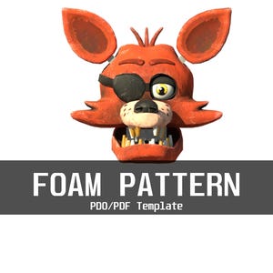 Könnte beinhalten: Schaumstoffmuster-Vorlage für einen roten und orangefarbenen Fuchs-Kopf mit einem schwarzen Augenklappen. Der Text "FOAM PATTERN PDO/PDF Template" befindet sich am unteren Rand des Bildes.