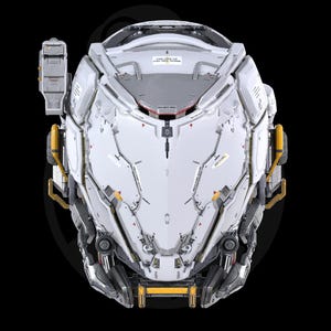 May include: A white, futuristic helmet with complex mechanical paneling and yellow accents. The helmet features a top-mounted rectangular sensor, side-mounted components, and a small rectangular label with text on the upper forehead section.
