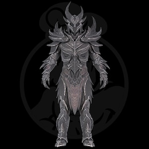 May include: A full-body suit of dark gray, textured fantasy armor featuring a horned helmet, spiked shoulder pauldrons, and intricate layered plating across the chest, arms, and legs, presented against a dark background with a small circular logo.